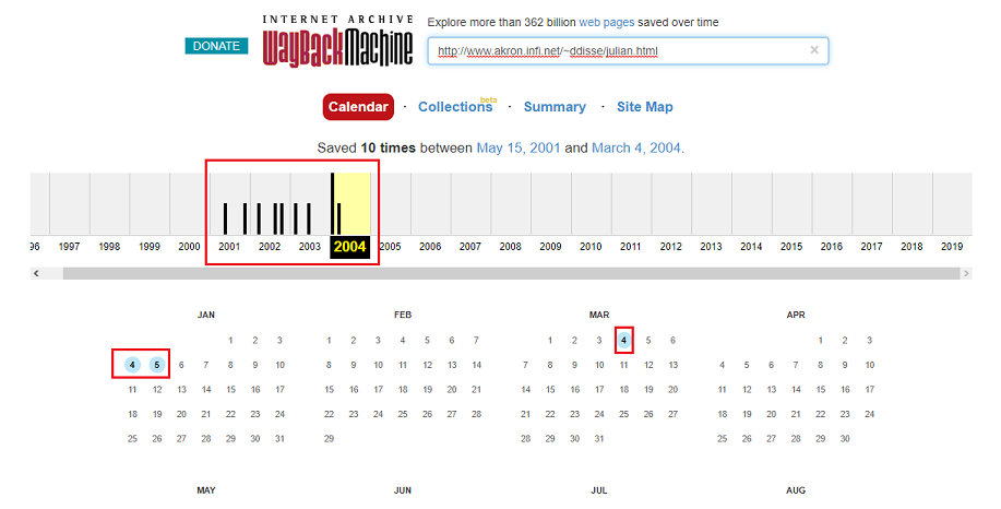 If the page has been saved by the Archive, 
                there will be a calendar with dates highlighted in blue. Click one of them.